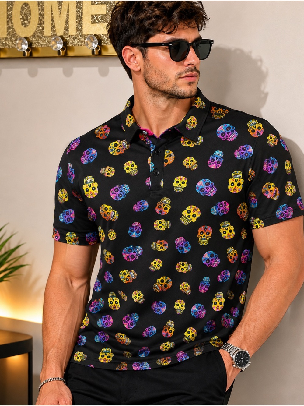 Birdie Bound Sugar Skull Golf Polo Shirt Men’s M NWT Stretch Black